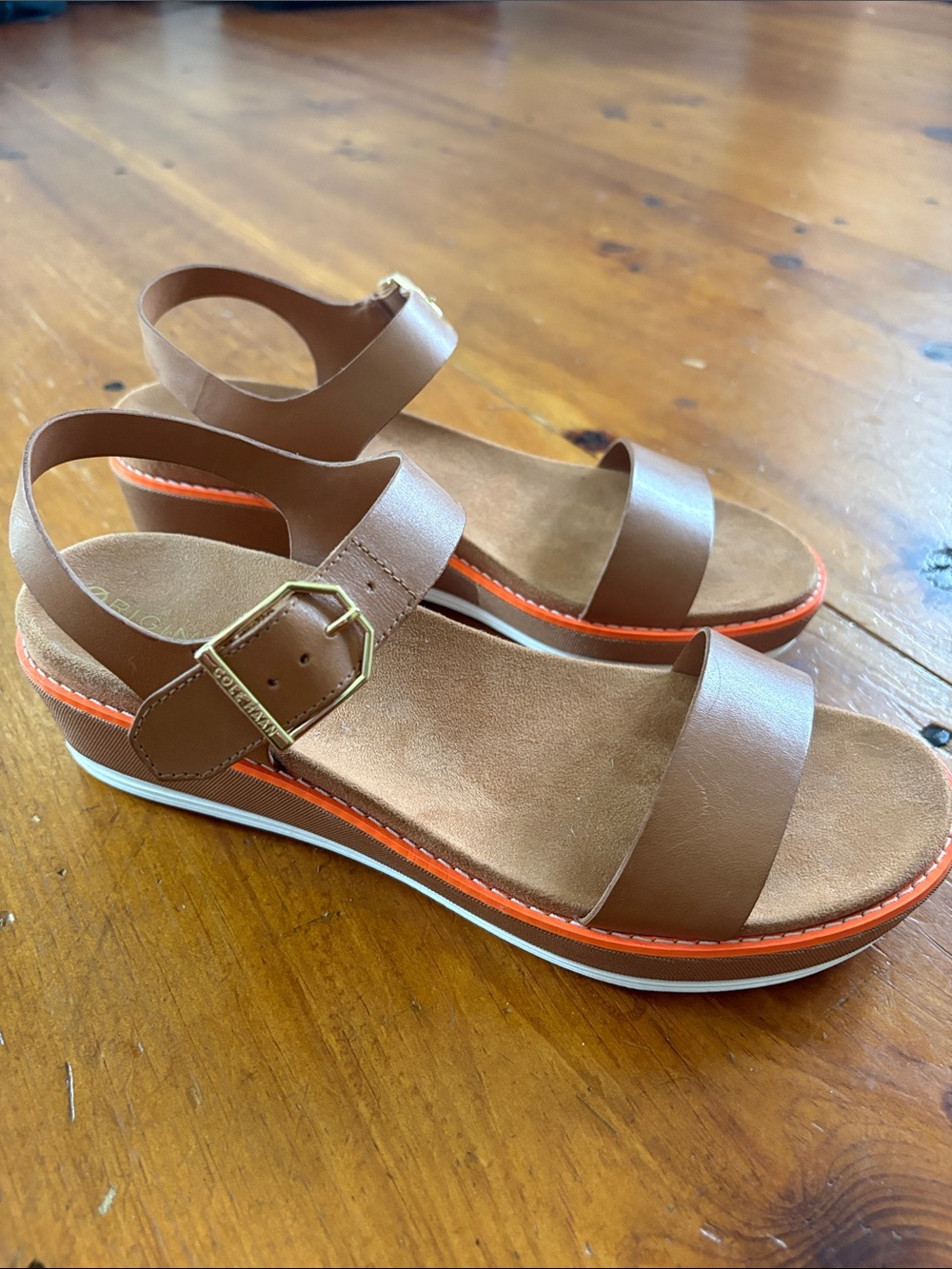 Cole Haan Brown Leather Platform Sandals with Orange Trim